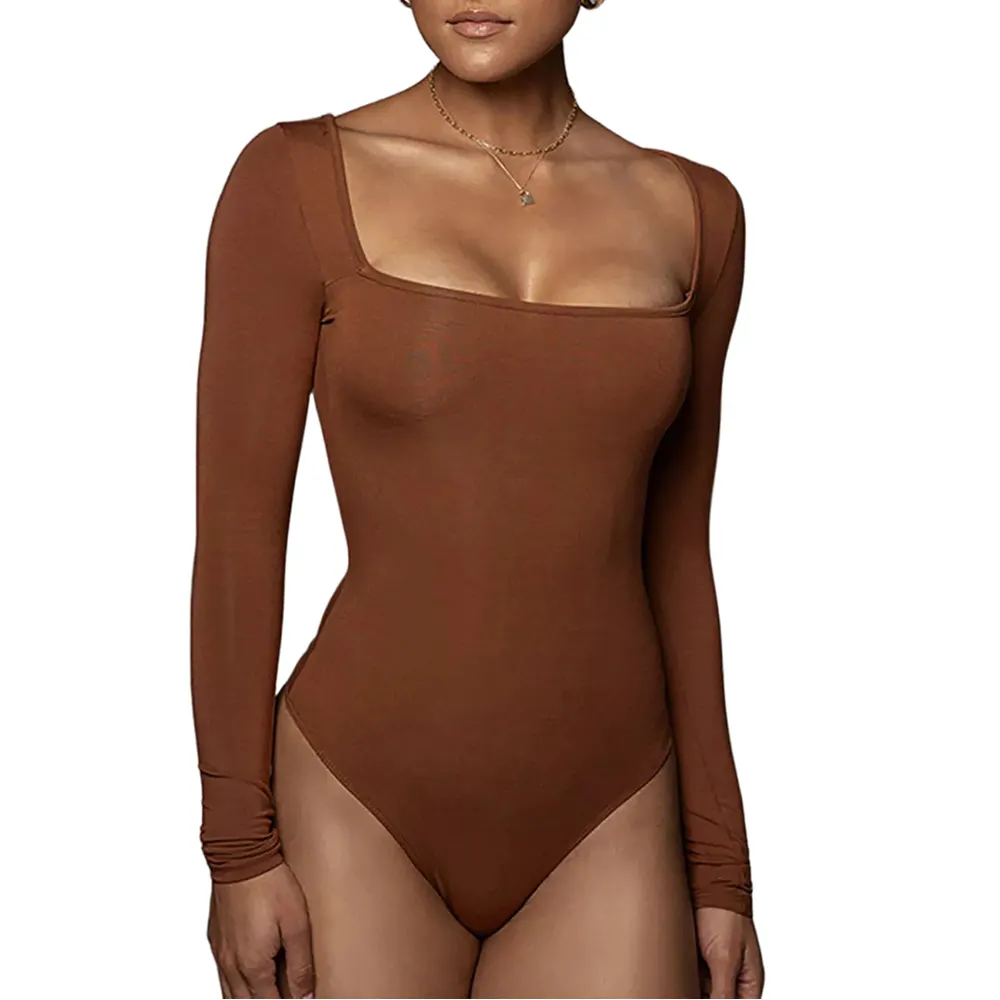 Kadınlar için OEM ODM Bodysuit Lady kare boyun zayıflama vücut takım elbise uzun kollu