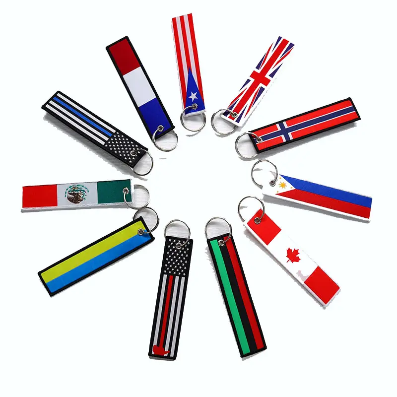 맞춤형 미국 영국 국기 양면 인쇄 자수 폴리 에스테르 패브릭 짠 라벨 열쇠 고리 패브릭 수하물 펜던트 키