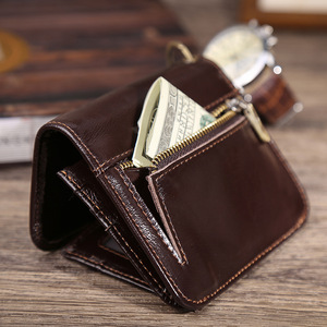 Genuine Leather Folding Coin <b>Purse</b> Slim Retro Style Top Layer Cowhide <b>Small</b> Card Holder RFID Women's Wallet - Product Image 2