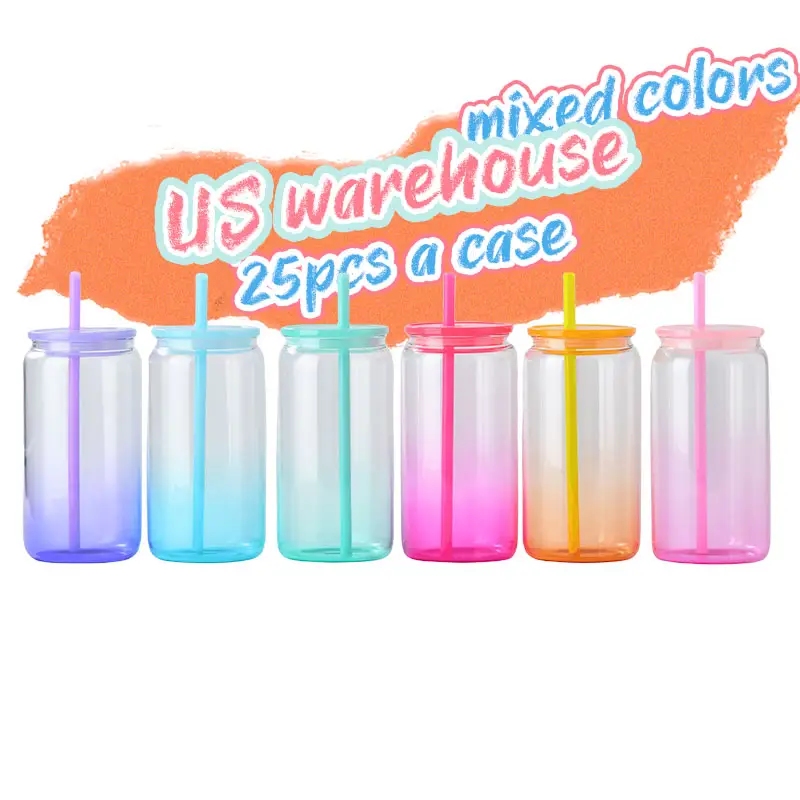 US Warehouse Gradient Jelly Candy 16oz Glass Jar Borosilicate Clear Glass Cups Tumbler Sublimation Soda Beer Glass Can With lid