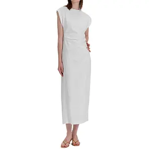 Designer High End Women Summer Casual Plain Long Dresses Simple Elegant Breathable Linen Cotton Short Sleeve Maxi Dress