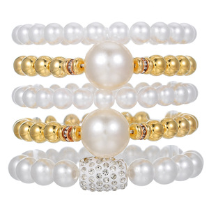 Imitation Pearl 5 Piece <b>Stacked</b> <b>Bracelet</b> Set Women's Party Jewelry Elegant Round Beaded With Diamond Encrusted Design - Product Image 5