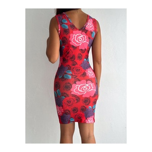 Robe de soirée sans manches à col en V et imprimé floral pour femme, taille naturelle, 90 cm - Product Image 3