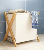 Mini panier à linge rectangulaire autoportant en bambou de couleur blanche et bleue, panier de triage pour vêtements de salle de bain