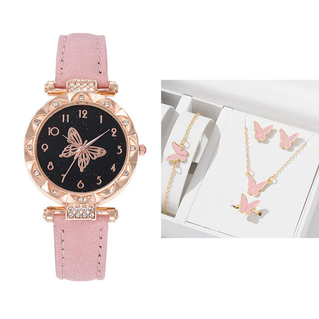 Women's New Fashion Leather Butterfly Face Quartz Watch with Lotus Shell Simple Casual Watch