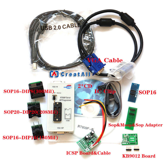 RT809F Integrated Circuit Programmer with +7 Adapters SOP16 SOP20 IC Clip Motherboard Reader LCD BIOS ISP/ USB/ VGA