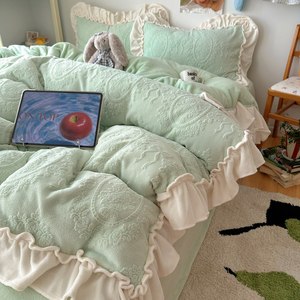 Set di Biancheria da Letto Invernale in Cashmere e Flanella, 4 Pezzi, Motivo Floreale in Rilievo con Bordo Arricciato Color <span class=keywords><strong>Crema</strong></span>, Set di Lenzuola Morbide e Confortevoli - Product Image 4