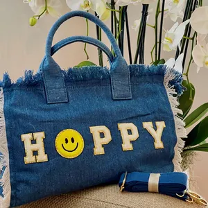 Túi Tote Vải Bố Nhỏ Màu Nâu Thiết Kế Mới Túi Mua Sắm Túi Xách Denim Tua Rua Thời Trang Có Mặt Cười