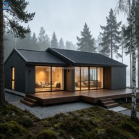 Maison de luxe style Forêt Nordique, 3 chambres, 2 salles de bain, bardage foncé, revêtement en acier, toit en métal à double pignon, portes coulissantes, terrasse en L, vue sur le lac, clé en main