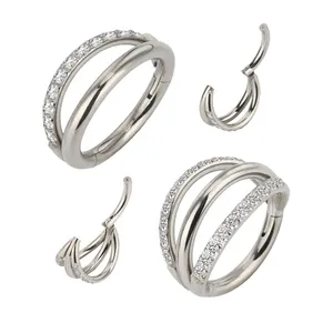 Cincin Tiga Lingkaran dengan Zirkon untuk Hidung Wanita Dipaku Pusar Cincin Tindik Tubuh Perhiasan Panas ASTM F136 Titanium 100
