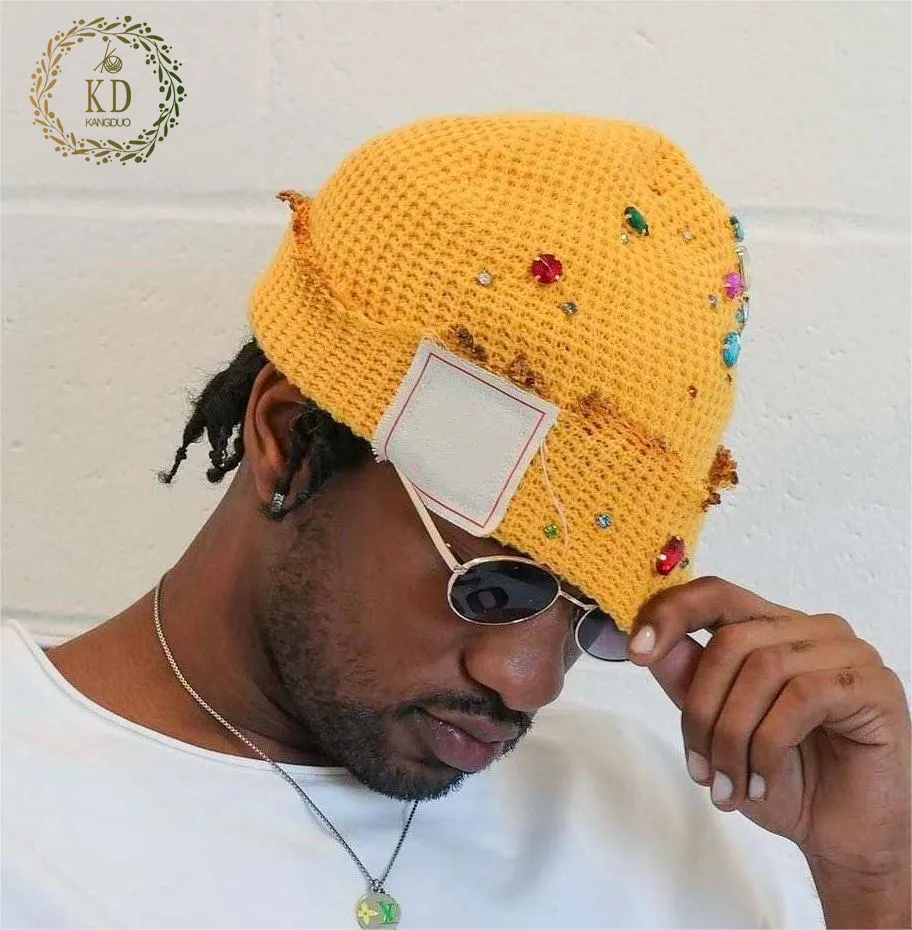 KD Beanie Fabricante Personalizable Desgastado Joyería Acrílico Cristal Adornos Acanalado Punto Cristal Beanie Hat