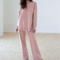 Ensemble deux pièces pour femme : pull oversize à col montant en maille unie et pantalon, collection automne-hiver, vente en gros