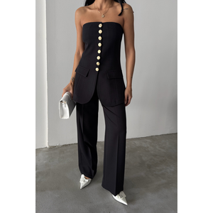 Gilet long en tissu tissé noir pour femme avec boutons dorés, broderie vintage et logo rétro, style décontracté pour costumes d'automne - Product Image 4