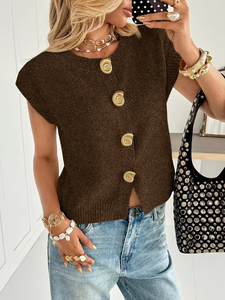 <span class=keywords><strong>Gilet</strong></span> en tricot vintage pour <span class=keywords><strong>femme</strong></span> 2026 – Cardigan chic couleur avoine à manches courtes, col rond, bouton unique, respirant, tricoté à la machine, décontracté - Product Image 6