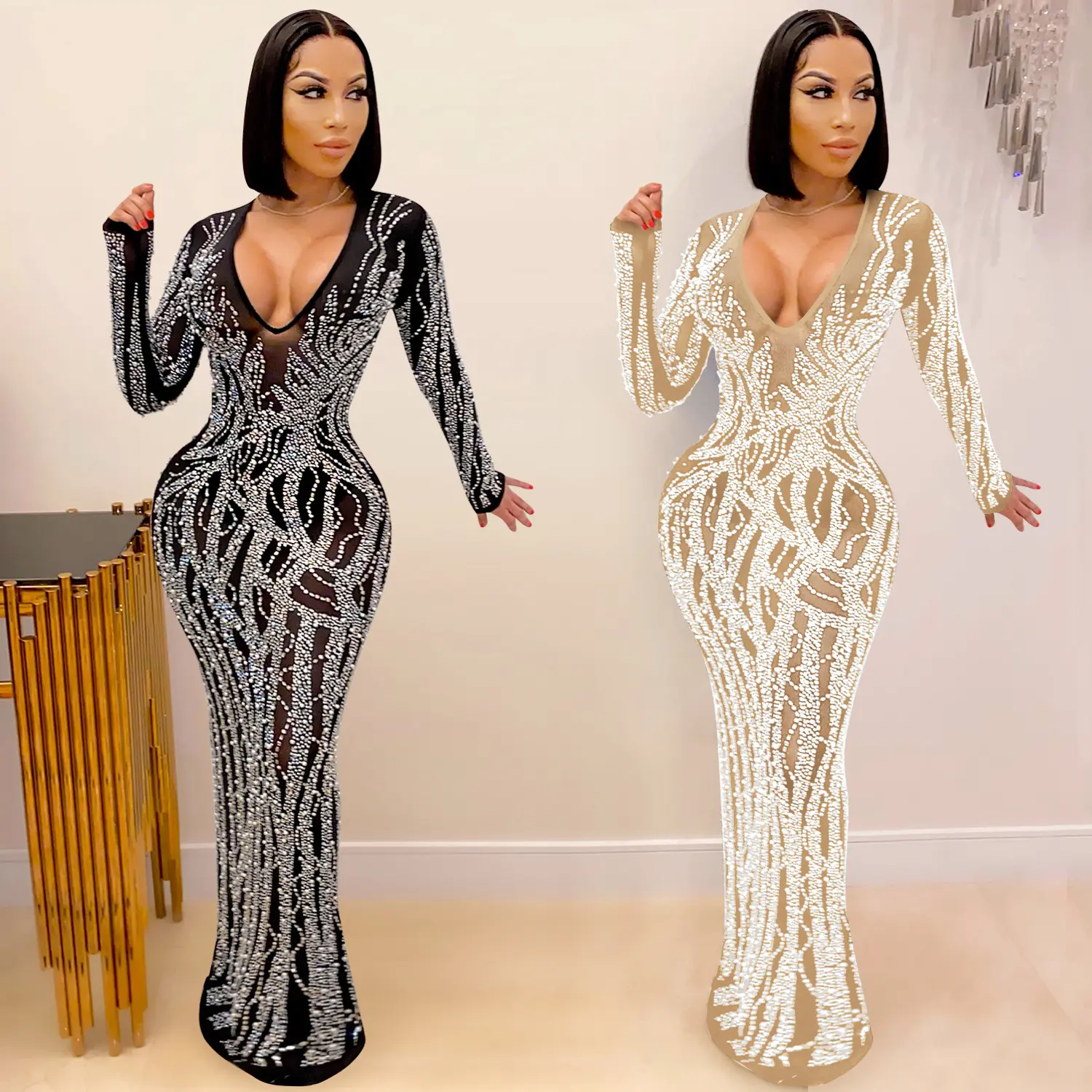 Fashion new plus size hot diamond sexy sling wrapped chest mesh perspective long evening dress