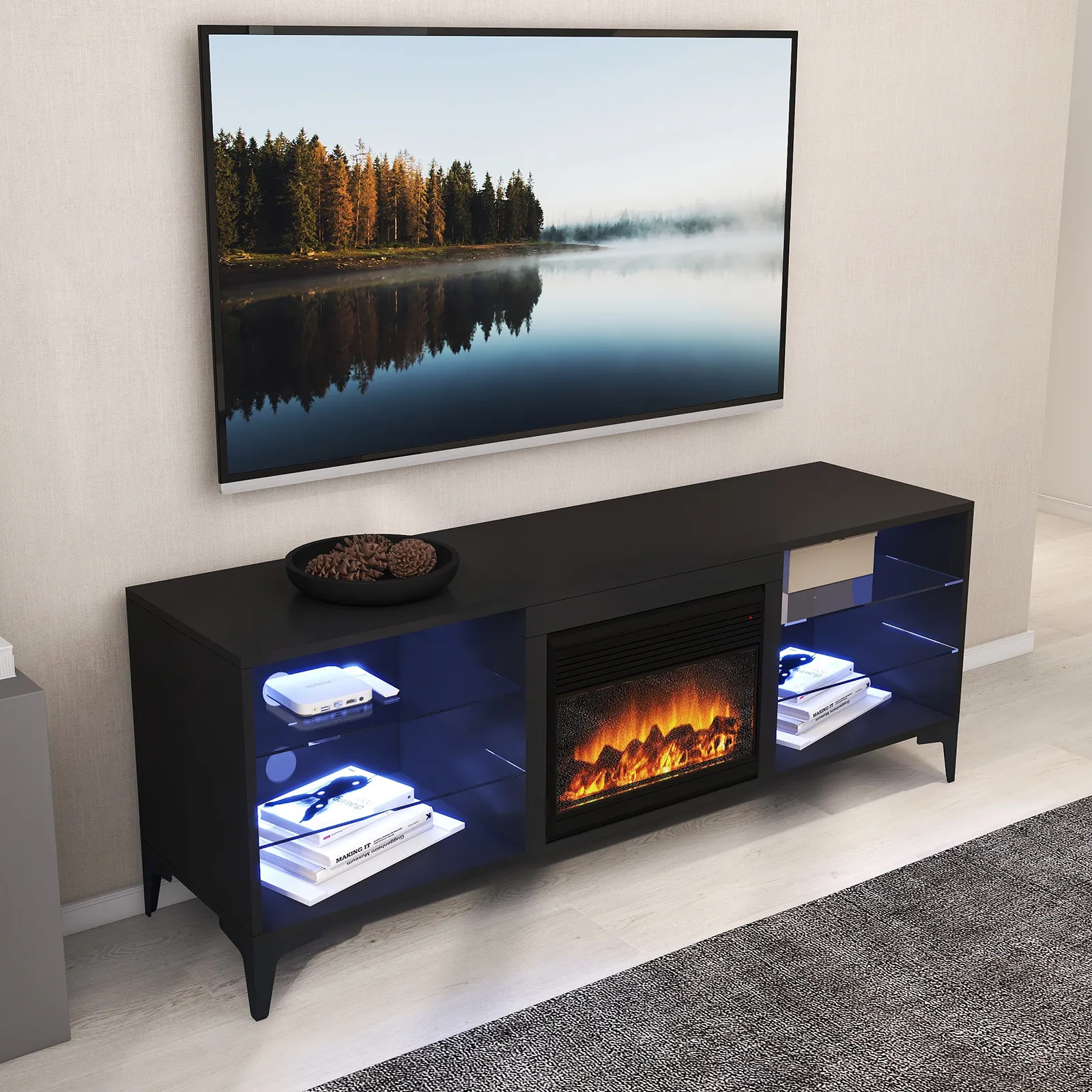 Mejor venta 40 pulgadas LCD plasma TV soportes muebles chimenea artificial TV Banco importado China vidrio TV gabinete