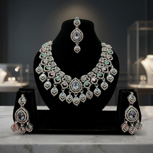 Indian Bridal Silver Plated CZ Choker Necklace <b>Set</b> Emerald Green & White Cubic Zirconia Heavy Choker with Earrings and Mang Tika - Product Image 2