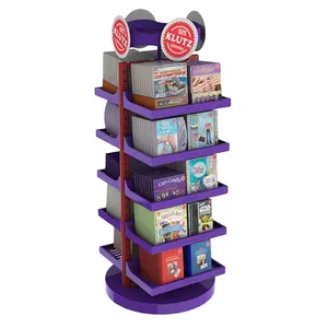 Book Shop Merchandising Floor Standing 5-Layer Metal Holder Rotating Design Wood Kids Book Retail Rack