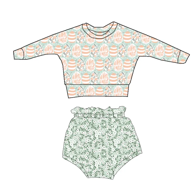 LZ 2022 yeni stil kız giyim setleri moda yeşil paskalya yumurtası baskı t-shirt büzgülü 2 adet kıyafetler çocuk butik
