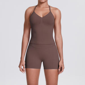 Grande taille sans couture tricoté Spandex/Nylon couleur unie dos nu gilet Shorts Yoga <span class=keywords><strong>tenue</strong></span> ensemble moulant course Fitness Sports - Product Image 2