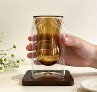 Tasse en verre borosilicate ambré à double paroi, soufflée à la main, coque extérieure transparente, base en bois, 120 ml, pour café, thé, jus