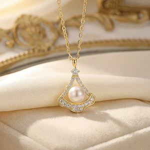 Copper Gold Plated Fan Skirt Shape CZ Shell Pearl Pendant <b>Necklace</b> Elegant Luxury <b>Statement</b> Jewelry for Women - Product Image 3