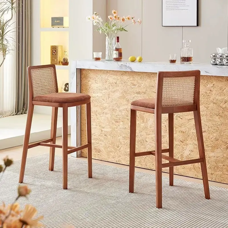 Modern Solid Wood jantar cadeira Tecido Almofada Seat Cane Backrest Wooden Bar Chair