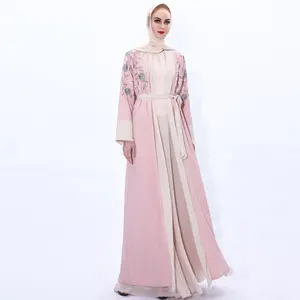 Yeni tasarım işlemeli müslüman kadın şifon hırka elbise Cover Up Patchwork Abaya