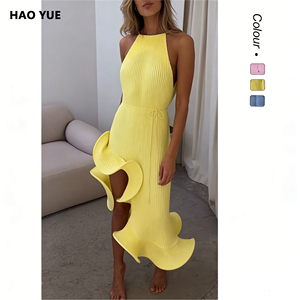 Abito lungo estivo europeo-americano sexy slim-fit con maniche a volant irregolari in raso e lacci in vita stile impero - Product Image 4