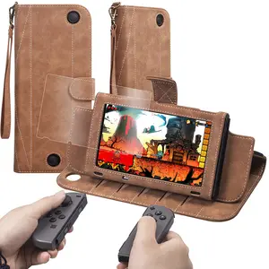 for Nintendo Switch Cover Case Flip Leather Wallet with Card Slots Magnetic Closure and Wrist Strap