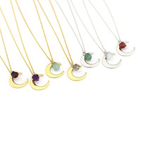 Collier pour femme avec pendentifs de lune en acier inoxydable pierre Druzy naturelle arc-en-ciel