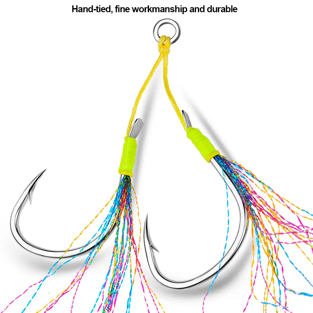 High quality 2pairs/bag 2/0 to 5/0 Offshore Heavy Jigging Hook Glow Assist Hooks Luminous Double Jig Fishing Slow Lure Jig Hooks