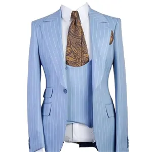लाइट स्काई ब्लू पुरुषों के लिए सूट धारी डिजाइन जैकेट रंगीन जाकेट शादी पुरूष Tuxedos सेट विंटेज रेट्रो 3 टुकड़ा कॉस्टयूम Homme