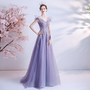 Purple Off Shoulder V Neck Wedding Evening Gown Empire Waistline Tulle Dress For Bride Banquet Party - Product Image 4