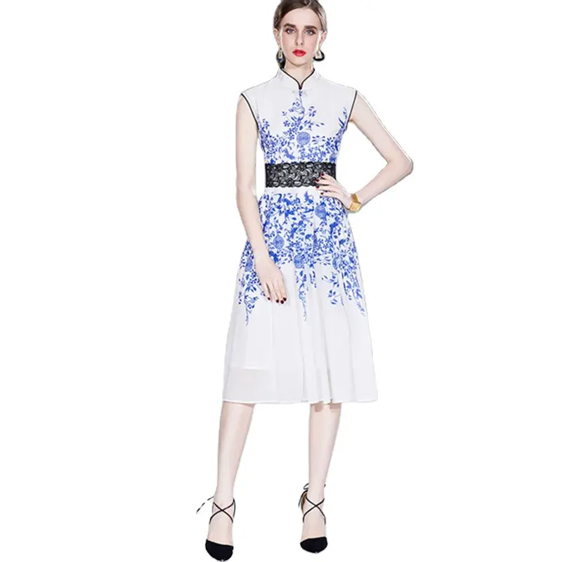 2022 Chinese style Retro Cheongsam Blue and White Sleeveless Knee length Lace Chiffon Print Dress