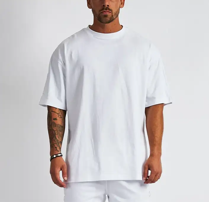Diseño de lujo caída de hombro camisetas de marca liso de gran tamaño en blanco suelto blanco de algodón de camiseta de los hombres