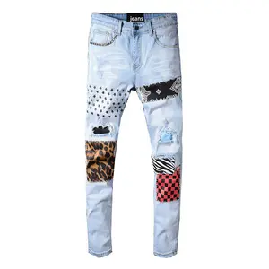 594 pantalon denim nouveauté hommes jeans impression pierre lavage pantalon déchiré peinture en aérosol mince jean mâle