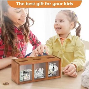 Hucha de madera transfronteriza para niños con compartimentos, hucha rectangular transparente de madera maciza como adorno. - Product Image 2