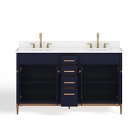 Meuble-lavabo moderne en bois massif étanche avec vasque sur plan, modèle 3D, armoire de salle de bain avec panneau de porte laqué, surface bleu marine