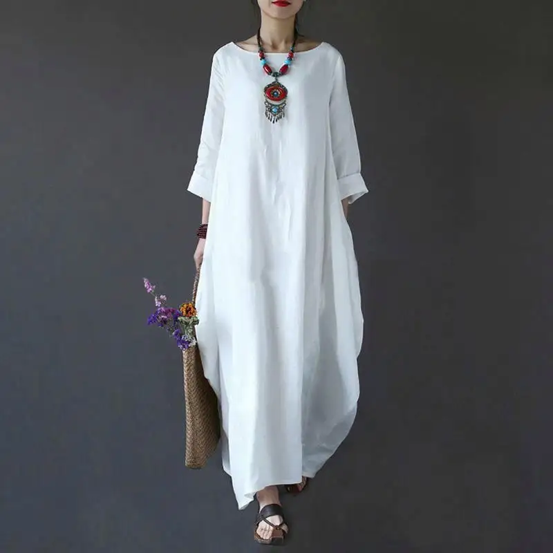 Gaun Linen Longgar Wanita Desain Terbaru 2019, Gaun Harajuku Ukuran Besar Warna Murni Panjang