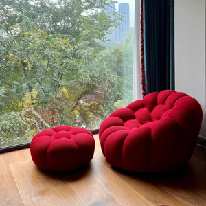 Set di Divani Bubble Minimalista di Design <span class=keywords><strong>Italiano</strong></span> in Velluto Crema <span class=keywords><strong>e</strong></span> Pelle con Gambe Artistiche in Legno Curvato per la Zona Giorno - Product Image 4