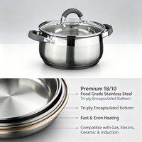 Batterie de cuisine haut de gamme en acier inoxydable robuste avec casseroles, couvercles en verre, compatible induction, écologique, compatible lave-vaisselle, poignées en silicone