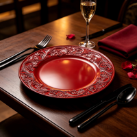 Assiette de présentation en plastique sculptée de 13 pouces, finition poudrée, texture florale en relief, design élégant et luxueux pour restaurant, mariage, événement