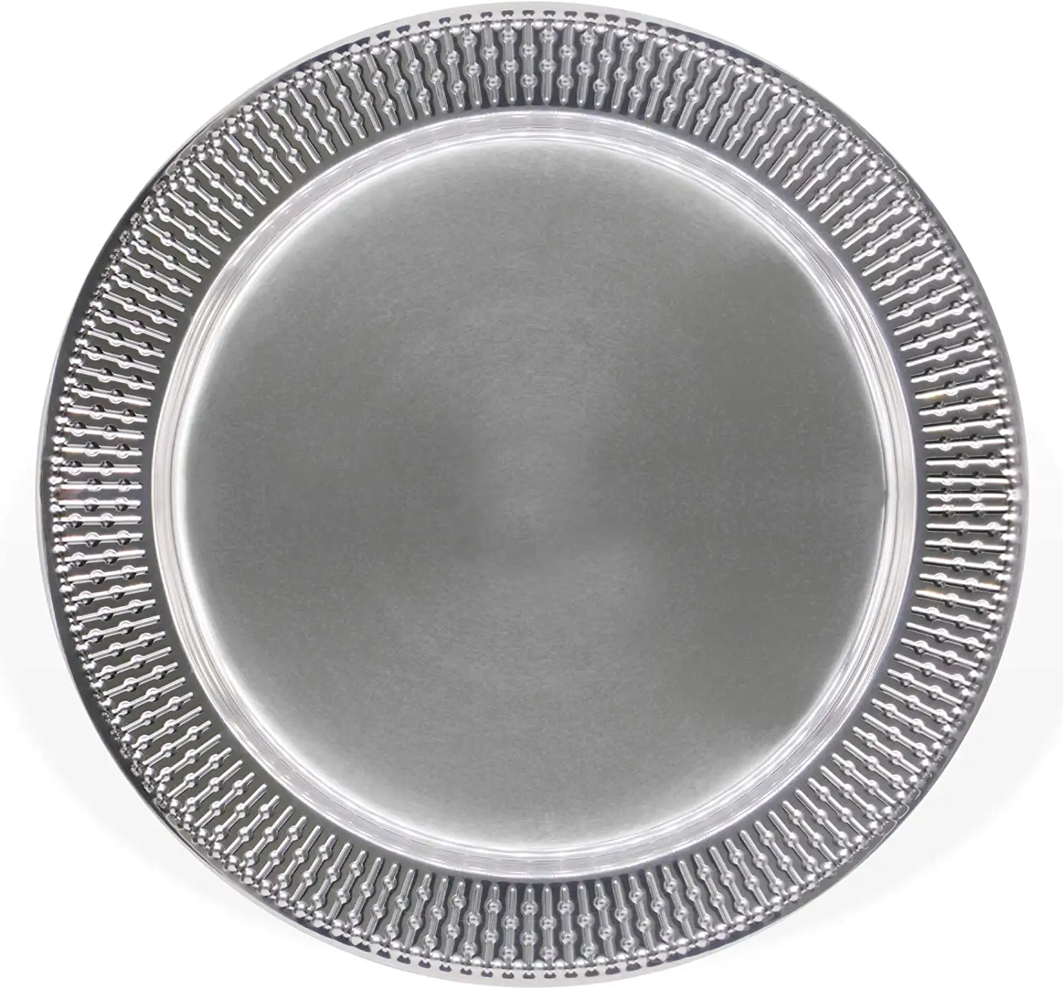 13 Inch Plastic Charger Plates Dinnerware Service Plate for Party Dinner Wedding, Beaded Edge, Shiny Foil Design (Silver)