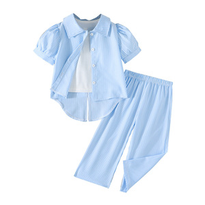 Completo da due pezzi casual a righe blu e bianche traspirante per bambine 2026: camicia e <span class=keywords><strong>pantaloni</strong></span> a gamba larga - Product Image 5