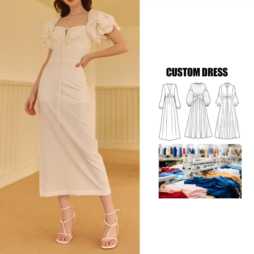 qualidade fábrica de roupas Custom senhoras O-pescoço mangas curtas elegante vintage 100% linho midi vestido para as mulheres