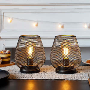 Set of 2 LED Table <b>Lamps</b> Battery-Operated <b>with</b> Metal Cage ABS Body Modern Design Cordless LED Bulb for Indoor <b>Shelf</b> Decor - Product Image 4