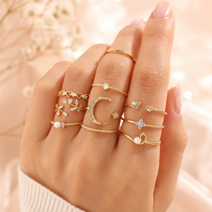 Set di 10 Anelli Impilabili da Donna con Charm a Forma di Luna, Stella, Foglia e Cuore, Gioielli alla Moda - Product Image 3