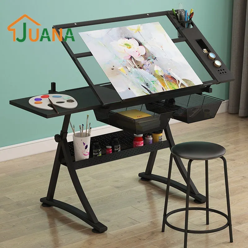 Juana mesa de desenho, tabela de desenho de madeira com 2 gavetas de acrílico ajustável, inclinação e desenho em madeira