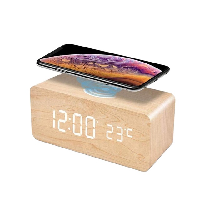 Smart Wireless USB Charger LED Wooden Clock Sensor-Controlled Bamboo Desktop Digital Calendar for Indoor Use for Living Room